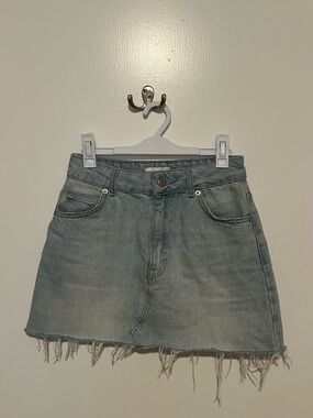 Topshop Light Wash Denim Frayed Mini Skirt